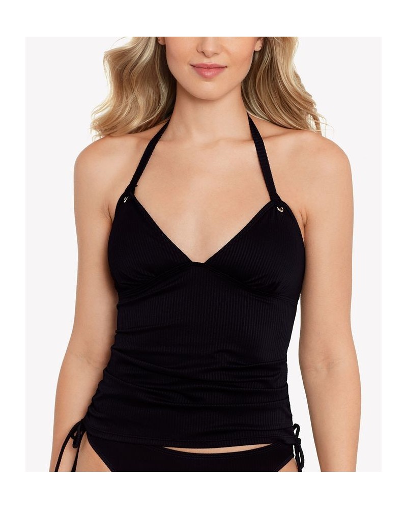 Juniors' Ribbed Shirred Halter Tankini Top Black $18.00 Swimsuits