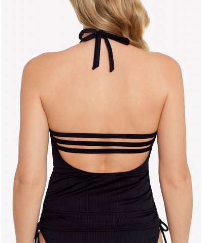 Juniors' Ribbed Shirred Halter Tankini Top Black $18.00 Swimsuits