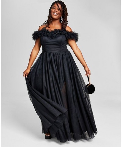 Trendy Plus Size Tulle-Trim Off-The-Shoulder Gown Black $75.18 Dresses