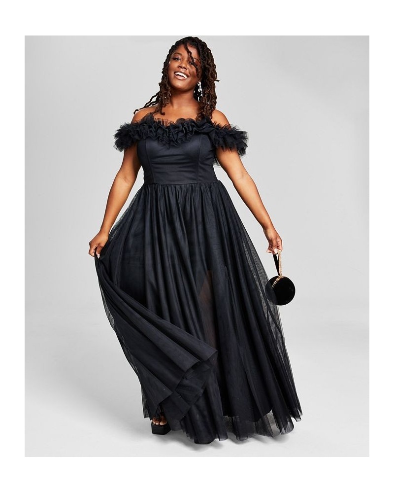 Trendy Plus Size Tulle-Trim Off-The-Shoulder Gown Black $75.18 Dresses