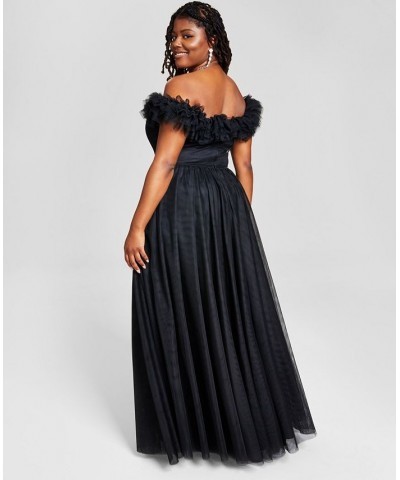 Trendy Plus Size Tulle-Trim Off-The-Shoulder Gown Black $75.18 Dresses