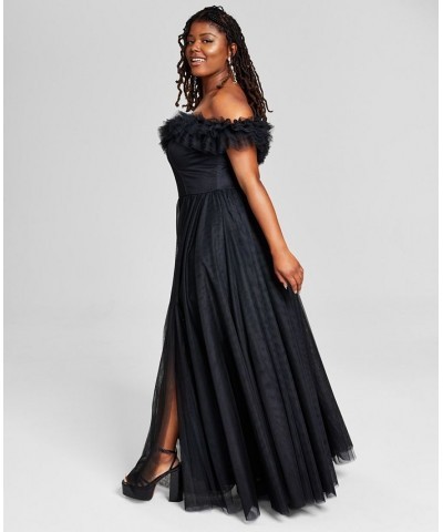 Trendy Plus Size Tulle-Trim Off-The-Shoulder Gown Black $75.18 Dresses