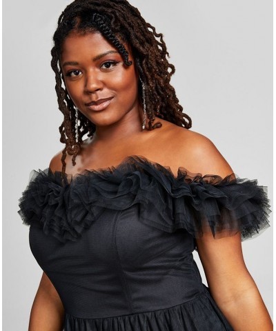 Trendy Plus Size Tulle-Trim Off-The-Shoulder Gown Black $75.18 Dresses