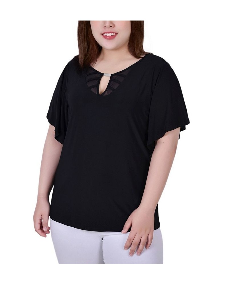 Plus Size Short Flutter Sleeve with Mesh Inset and Neck Hardware Top Black $15.18 Tops