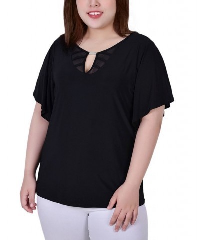 Plus Size Short Flutter Sleeve with Mesh Inset and Neck Hardware Top Black $15.18 Tops