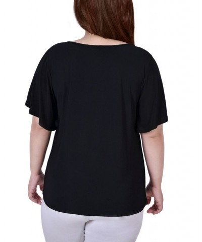 Plus Size Short Flutter Sleeve with Mesh Inset and Neck Hardware Top Black $15.18 Tops