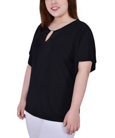 Plus Size Short Flutter Sleeve with Mesh Inset and Neck Hardware Top Black $15.18 Tops