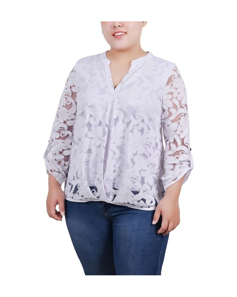 Plus Size Long Sleeve Burnout Y-Neck Blouse White $12.26 Tops