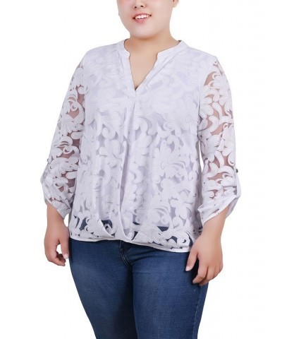 Plus Size Long Sleeve Burnout Y-Neck Blouse White $12.26 Tops