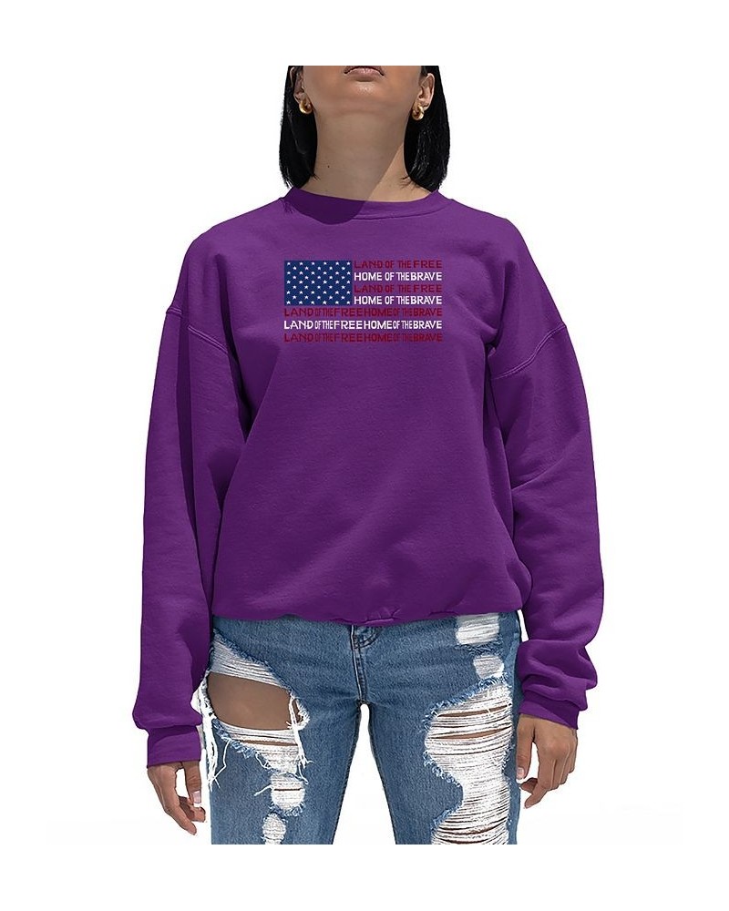 Women's Land of the Free American Flag Word Art Crewneck Sweatshirt Purple $24.00 Tops