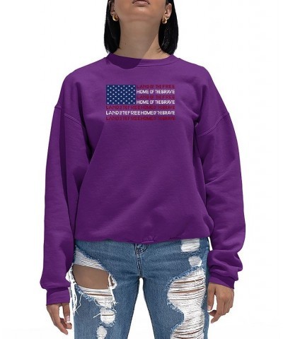 Women's Land of the Free American Flag Word Art Crewneck Sweatshirt Purple $24.00 Tops