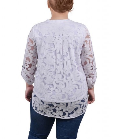 Plus Size Long Sleeve Burnout Y-Neck Blouse White $12.26 Tops