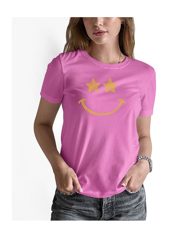 Women's Word Art Rockstar Smiley Short Sleeve T-shirt Pink $18.19 Tops