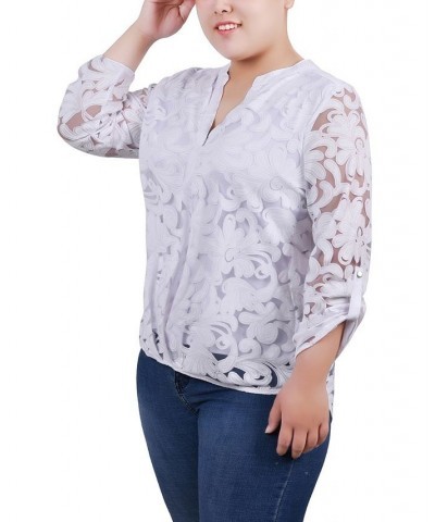 Plus Size Long Sleeve Burnout Y-Neck Blouse White $12.26 Tops