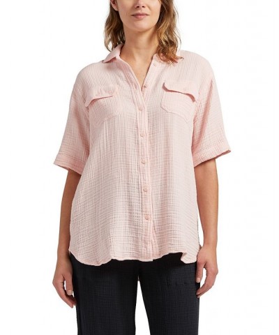 Women's Textured Short Sleeve Shirt Pink $41.34 Tops