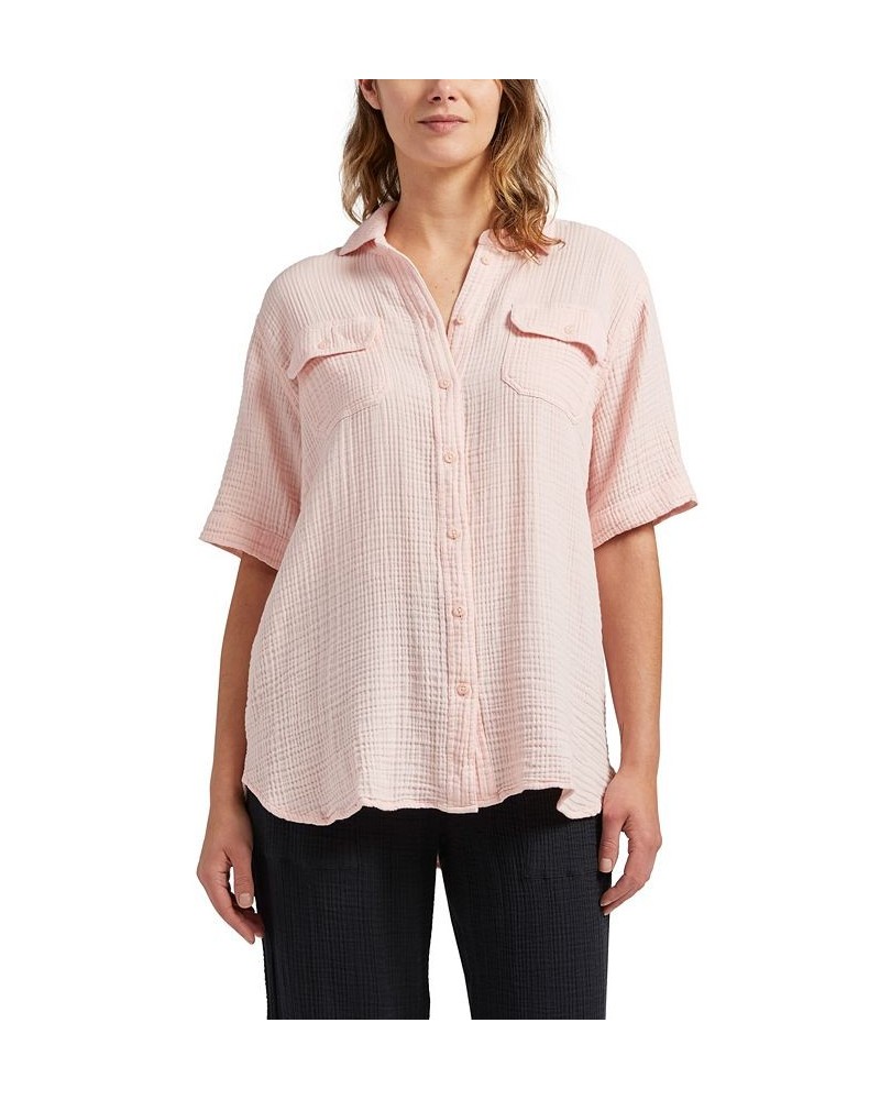 Women's Textured Short Sleeve Shirt Pink $41.34 Tops