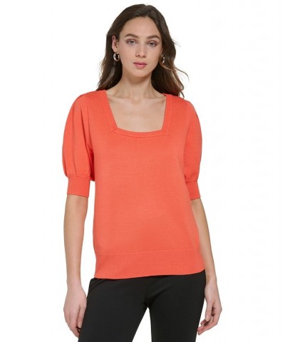 Women's Square-Neck Puff-Sleeve Sweater Orange $36.34 Sweaters