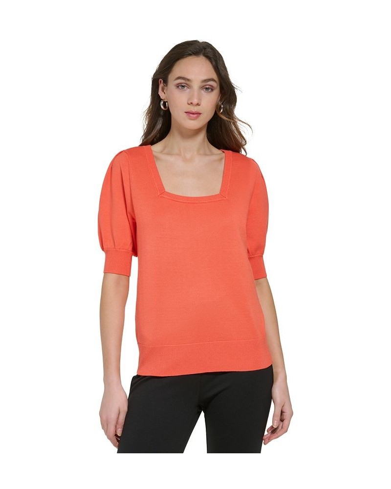 Women's Square-Neck Puff-Sleeve Sweater Orange $36.34 Sweaters