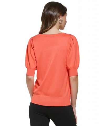 Women's Square-Neck Puff-Sleeve Sweater Orange $36.34 Sweaters