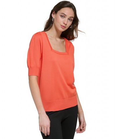 Women's Square-Neck Puff-Sleeve Sweater Orange $36.34 Sweaters