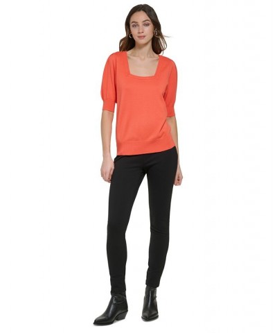 Women's Square-Neck Puff-Sleeve Sweater Orange $36.34 Sweaters