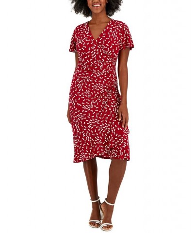 Women's Dahlia Dot-Print V-Neck Flutter-Sleeve Dress Crimson/Cream $22.14 Dresses