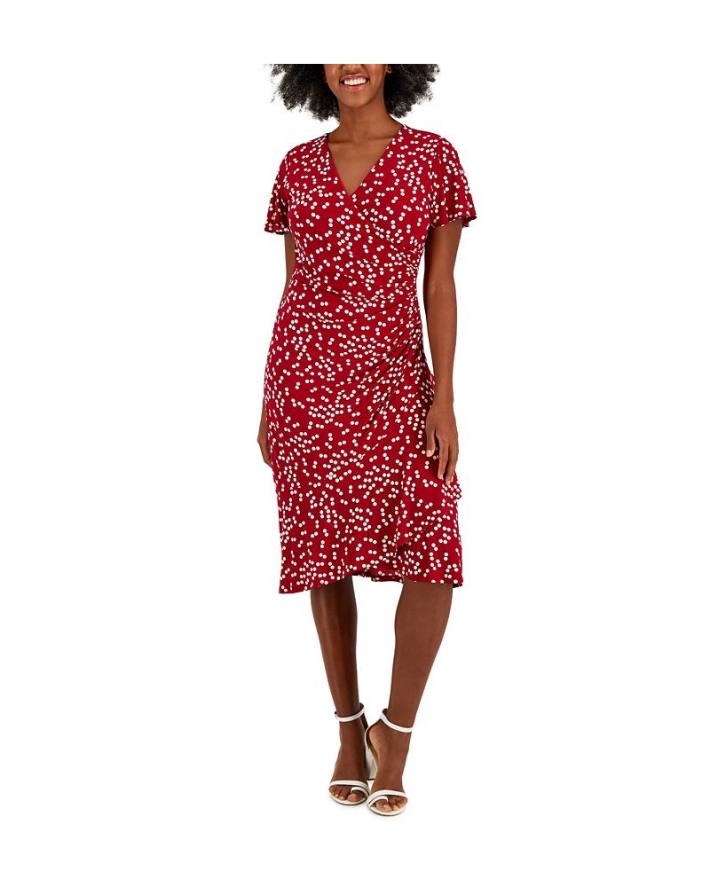 Women's Dahlia Dot-Print V-Neck Flutter-Sleeve Dress Crimson/Cream $22.14 Dresses