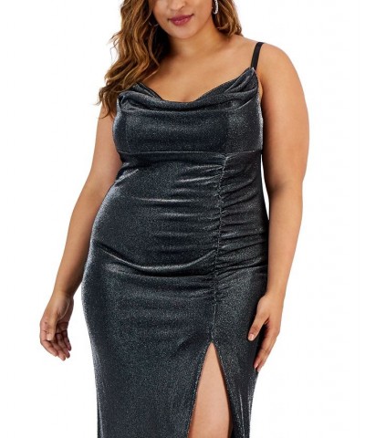 Trendy Plus Size Cowl-Neck Metallic-Knit Gown Black/Silver $17.48 Dresses