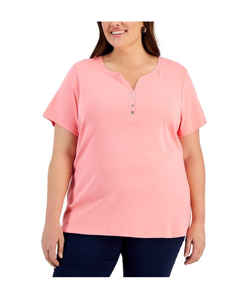 Plus Size Cotton Henley Top Strawberry Pink $8.47 Tops