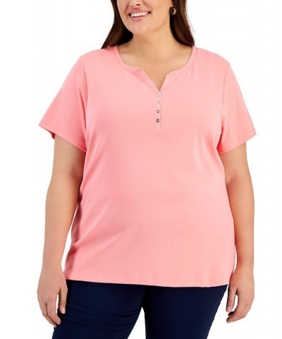 Plus Size Cotton Henley Top Strawberry Pink $8.47 Tops