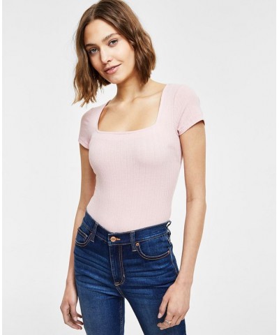 Juniors' Square-Neck Short-Sleeve Jacquard Ribbed Bodysuit Pink $9.02 Tops