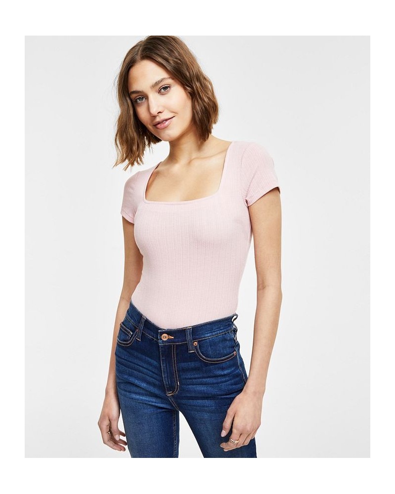 Juniors' Square-Neck Short-Sleeve Jacquard Ribbed Bodysuit Pink $9.02 Tops