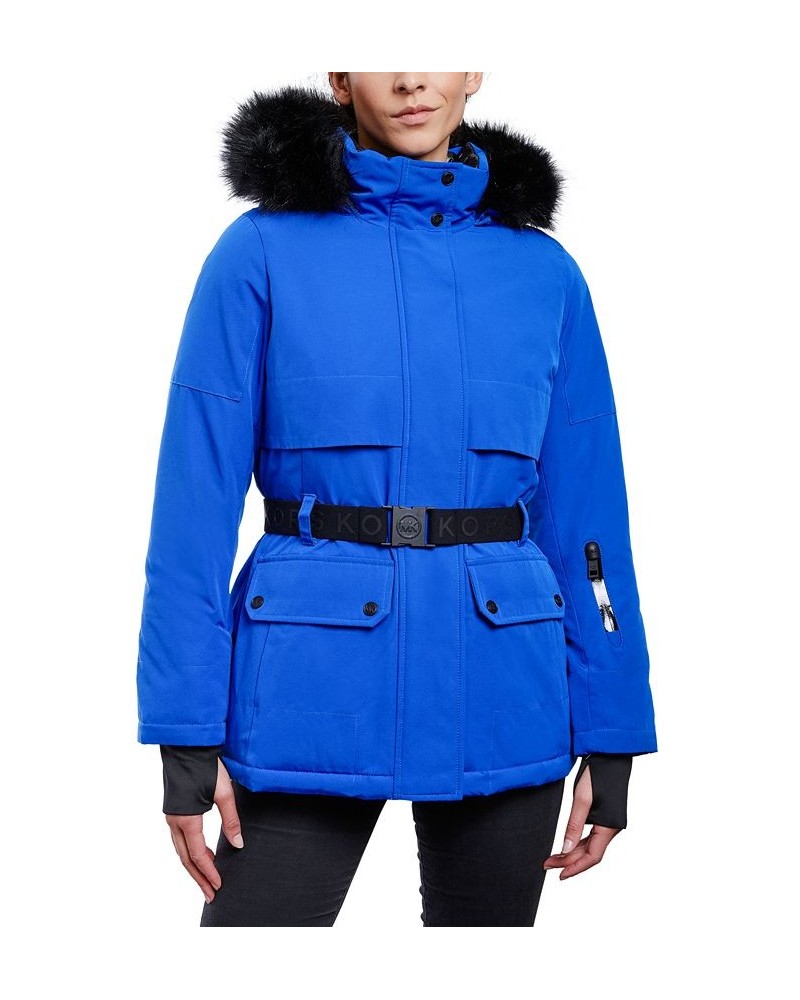 Women's Belted Hooded Faux-Fur-Trim Puffer Coat Blue $60.80 Coats