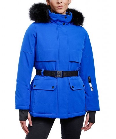 Women's Belted Hooded Faux-Fur-Trim Puffer Coat Blue $60.80 Coats