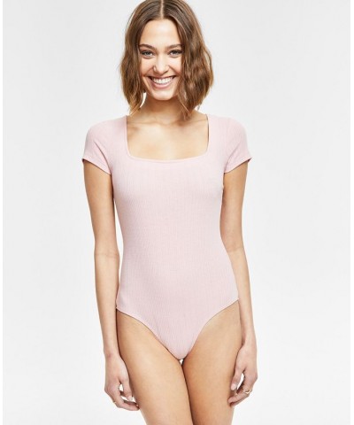 Juniors' Square-Neck Short-Sleeve Jacquard Ribbed Bodysuit Pink $9.02 Tops