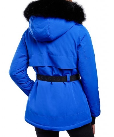 Women's Belted Hooded Faux-Fur-Trim Puffer Coat Blue $60.80 Coats