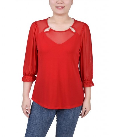 Petite 3/4 Sleeve Ringed Mesh Top Red $22.26 Tops