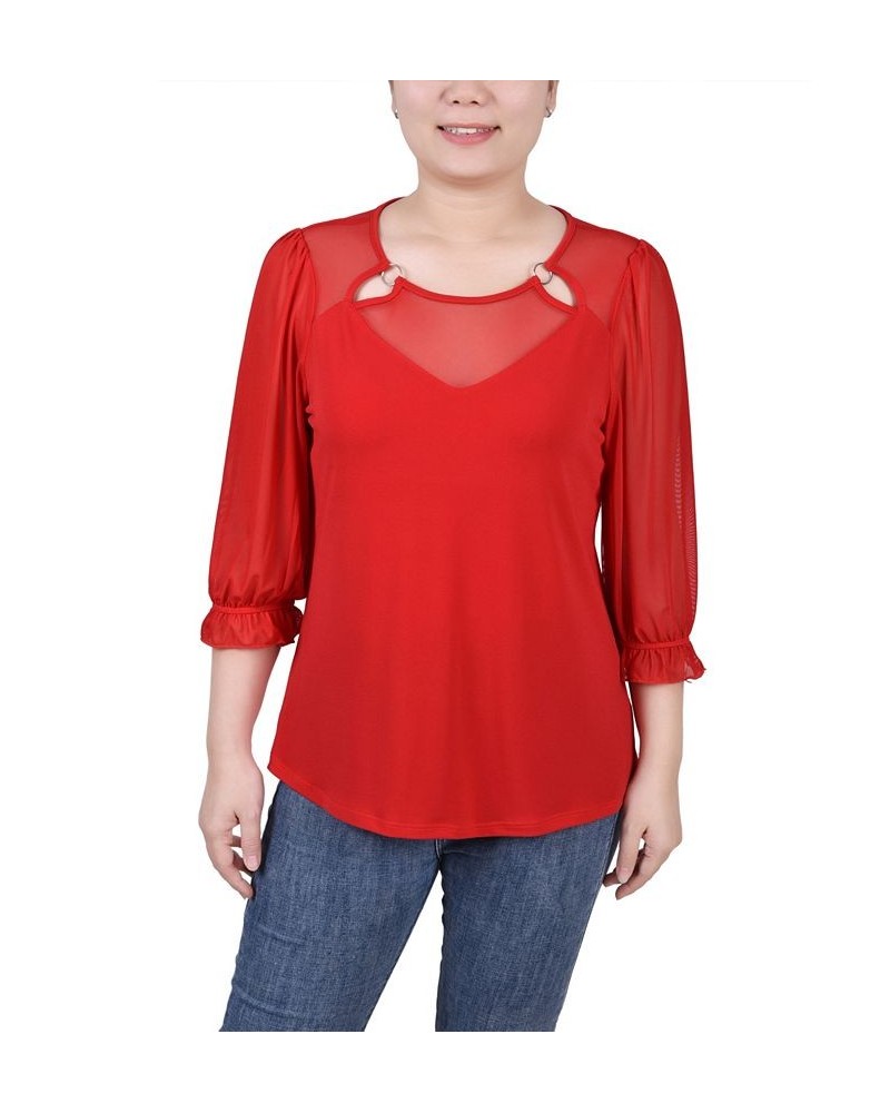 Petite 3/4 Sleeve Ringed Mesh Top Red $22.26 Tops