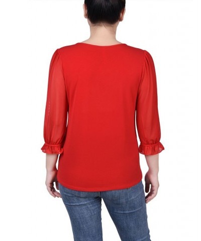 Petite 3/4 Sleeve Ringed Mesh Top Red $22.26 Tops