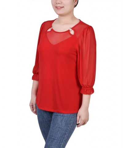 Petite 3/4 Sleeve Ringed Mesh Top Red $22.26 Tops