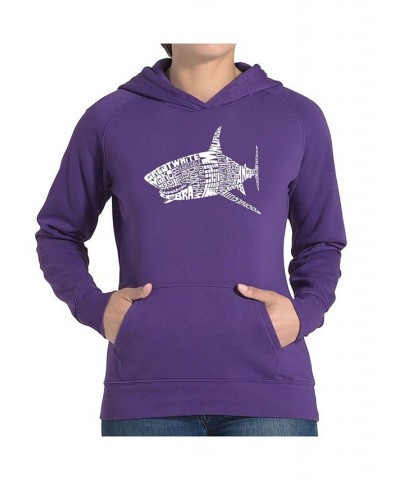 Women's Word Art Hooded Sweatshirt -Species Of Shark Purple $35.39 Sweatshirts