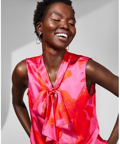 Women's Printed Sleeveless Bow-Neck Blouse Hot Pink/tomato/floral $21.59 Tops