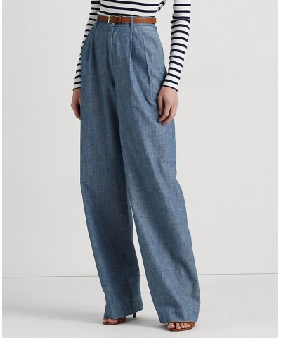 Women's Pleated Chambray Wide-Leg Pants Regular & Petite Beryl Blue Wash $68.20 Pants