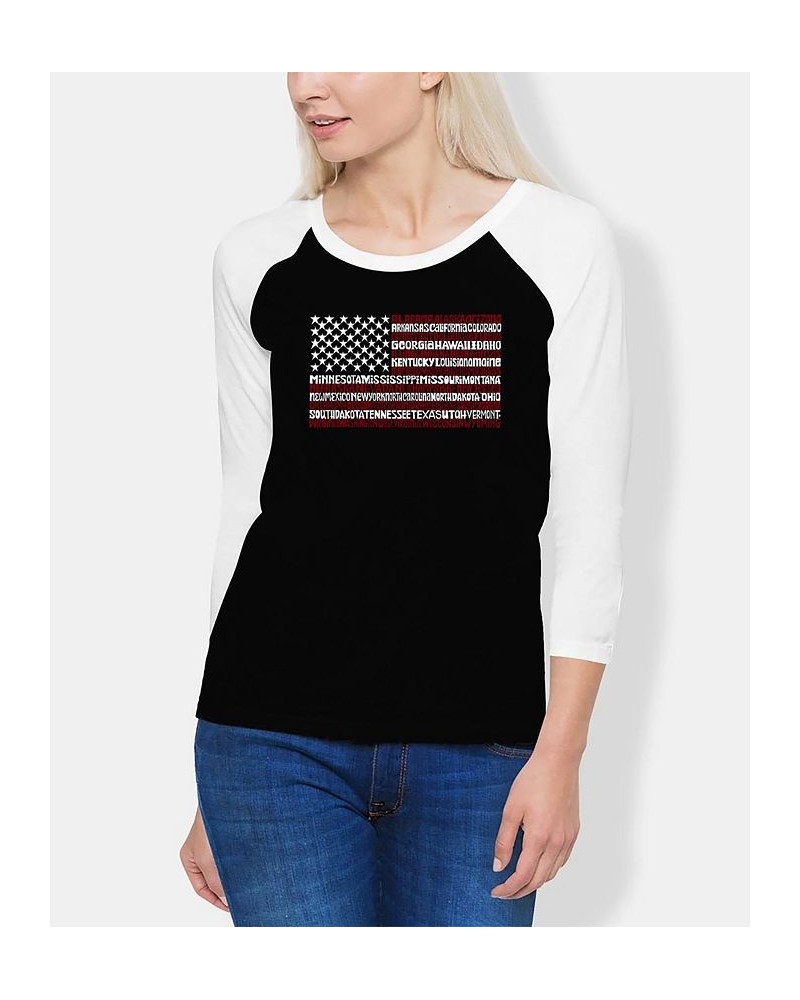 Women's Raglan 50 States USA Flag Word Art T-shirt Black, White $17.60 Tops