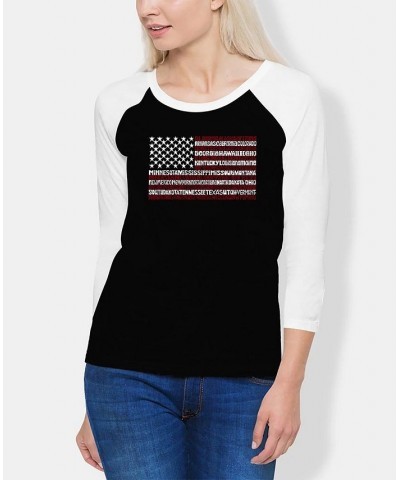 Women's Raglan 50 States USA Flag Word Art T-shirt Black, White $17.60 Tops