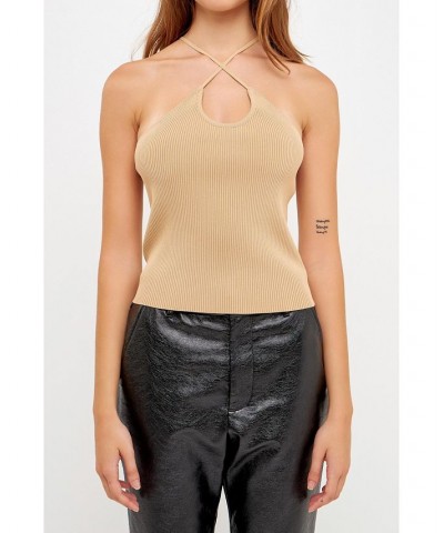 Women's Crossover Skinny Rib Knit Top Tan/Beige $37.80 Tops