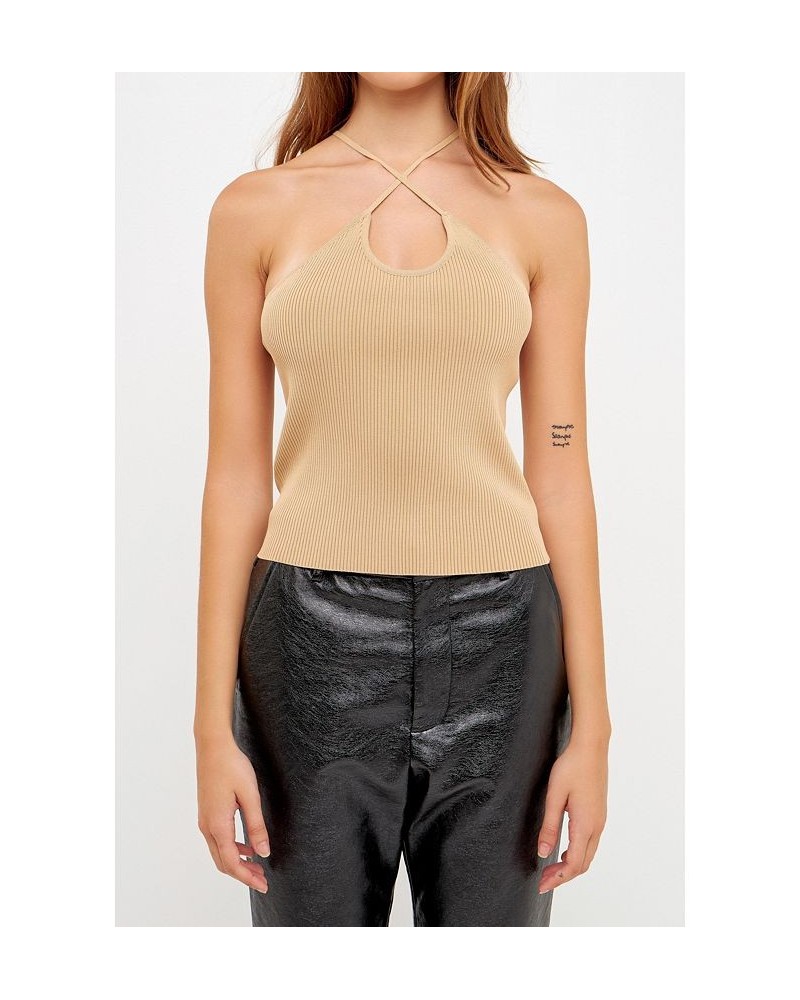 Women's Crossover Skinny Rib Knit Top Tan/Beige $37.80 Tops