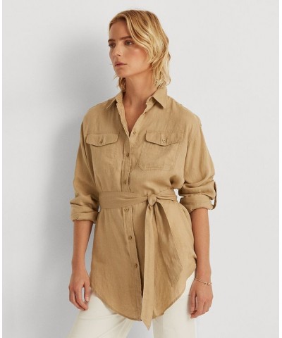 Lightweight Belted Linen Shirt Spring Khaki $43.20 Tops