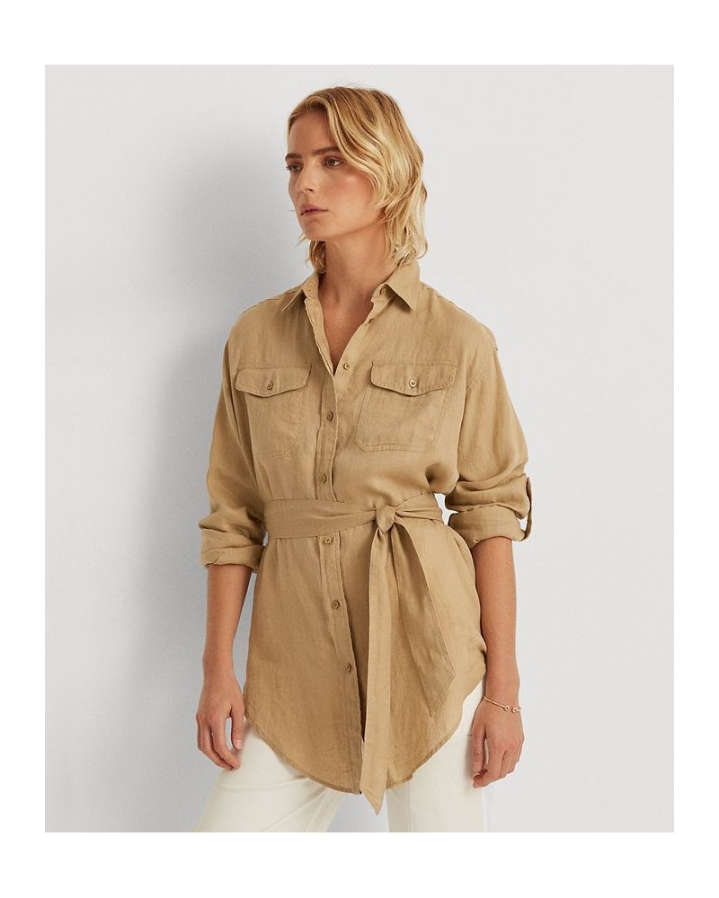 Lightweight Belted Linen Shirt Spring Khaki $43.20 Tops