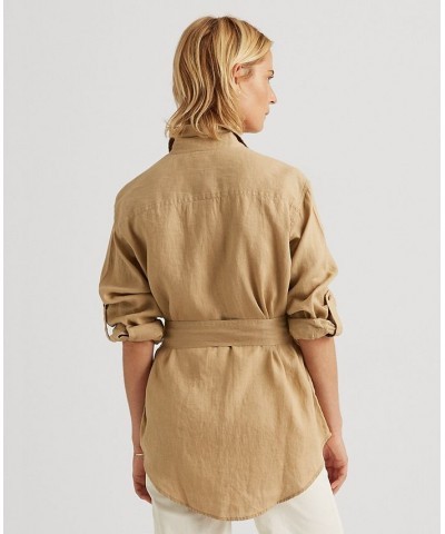 Lightweight Belted Linen Shirt Spring Khaki $43.20 Tops